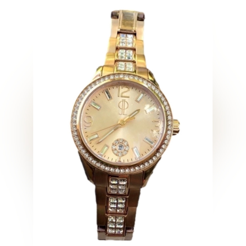 JENNIFER Lopez JLO Gold Tone Crystal Date Indicator Stainless Steel Band Watch